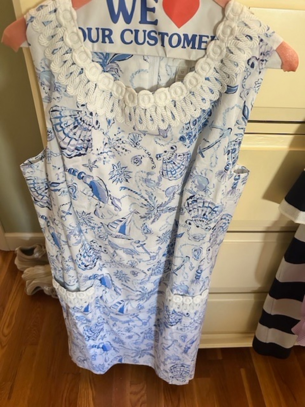 Lilly Pulitzer Blue & White Floral Shift Dress with Crochet Trim